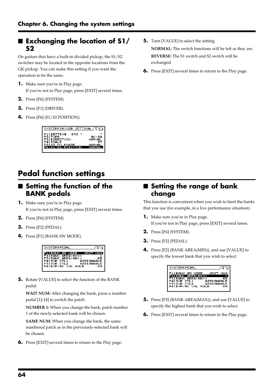 Exchanging the location of s1/ s2, Pedal function settings, Setting the function of the bank pedals | Setting the range of bank change, Exchanging the location of s1/s2, 64 chapter 6. changing the system settings | Roland VG-88 User Manual | Page 64 / 84