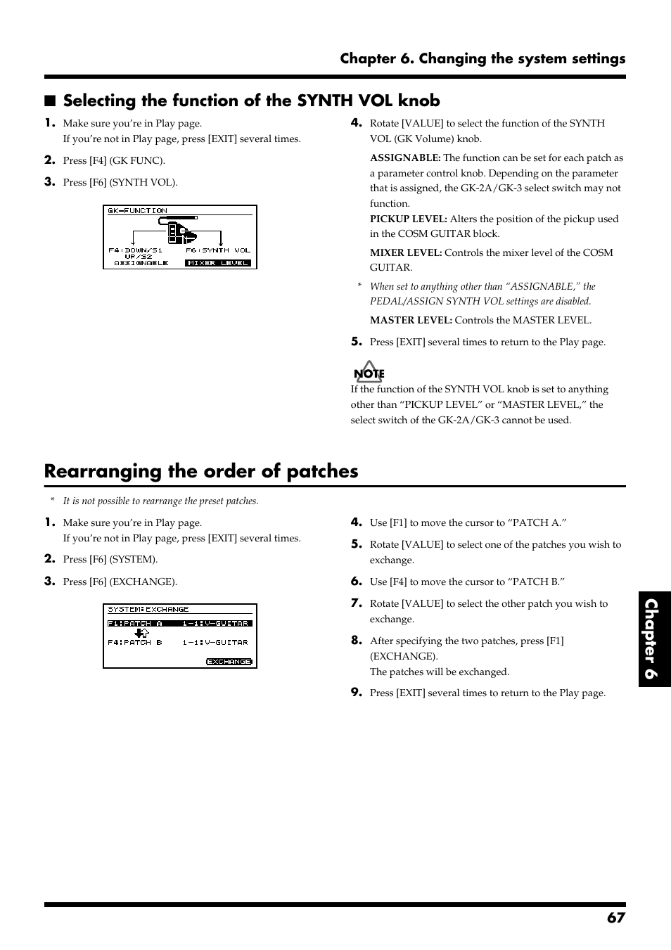 Selecting the function of the synth vol knob, Rearranging the order of patches, 67 chapter 6. changing the system settings | Roland VG-88 User Manual | Page 67 / 84