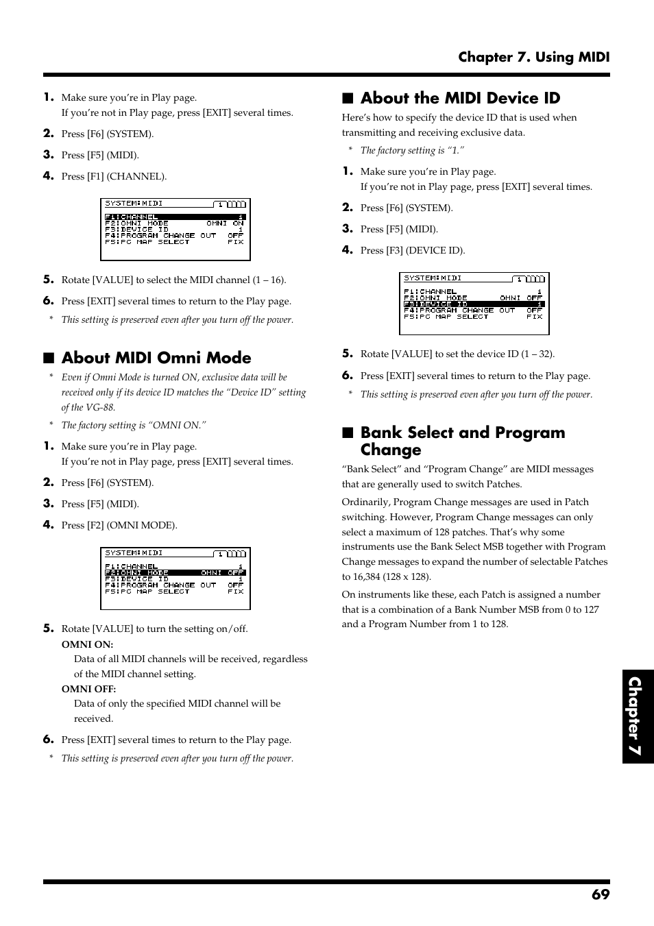 About midi omni mode, About the midi device id, Bank select and program change | Chapter 7, 69 chapter 7. using midi | Roland VG-88 User Manual | Page 69 / 84