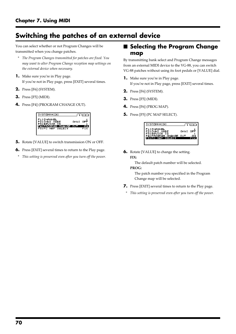 Switching the patches of an external device, Selecting the program change map, 70 chapter 7. using midi | Roland VG-88 User Manual | Page 70 / 84