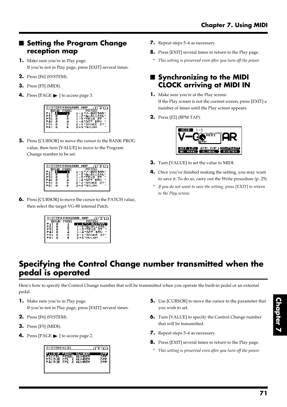 Setting the program change reception map, 71 chapter 7. using midi | Roland VG-88 User Manual | Page 71 / 84