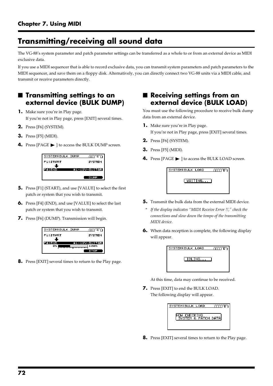 Transmitting/receiving all sound data, 72 chapter 7. using midi | Roland VG-88 User Manual | Page 72 / 84