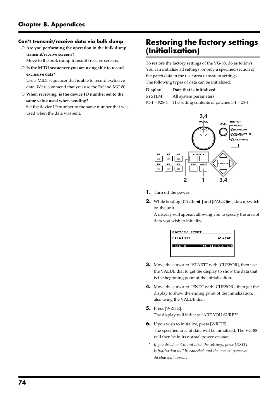 Restoring the factory settings (initialization), 74 chapter 8. appendices | Roland VG-88 User Manual | Page 74 / 84