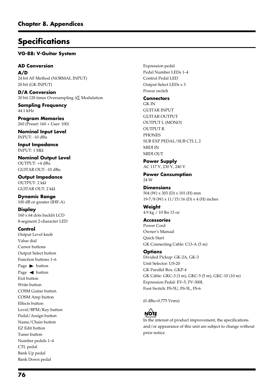 Specifications, 76 chapter 8. appendices | Roland VG-88 User Manual | Page 76 / 84