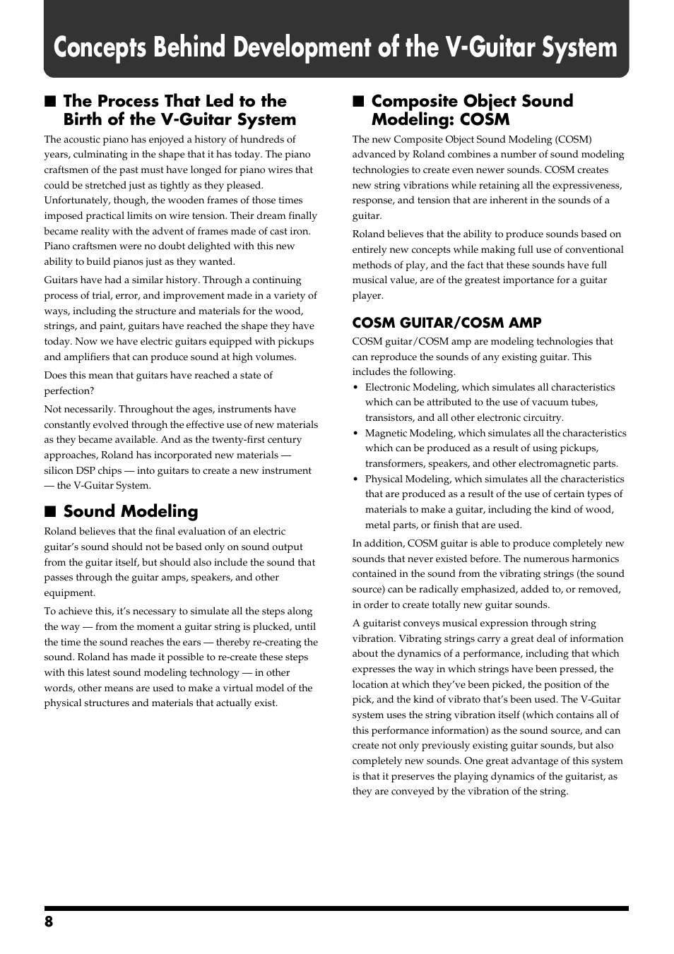 Concepts behind development of the v-guitar system, Sound modeling, Composite object sound modeling: cosm | Roland VG-88 User Manual | Page 8 / 84