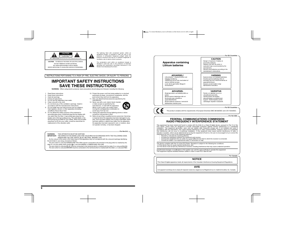 Apparatus containing lithium batteries, Notice avis, Advarsel | Varning, Caution, Varoitus | Roland VG-88 User Manual | Page 83 / 84