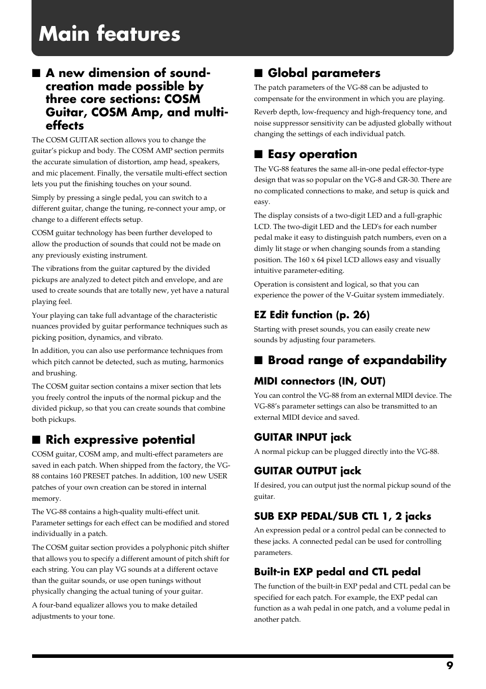 Main features, Rich expressive potential, Global parameters | Easy operation, Broad range of expandability | Roland VG-88 User Manual | Page 9 / 84