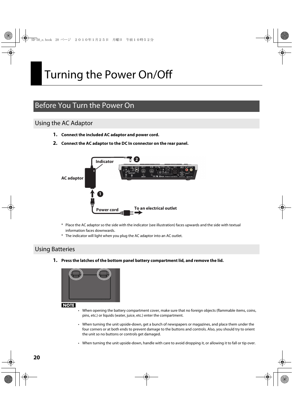 Turning the power on/off, Before you turn the power on, Using the ac adaptor | Using batteries, Re (p. 20), Using the ac adaptor using batteries | Roland SD-50 User Manual | Page 20 / 120