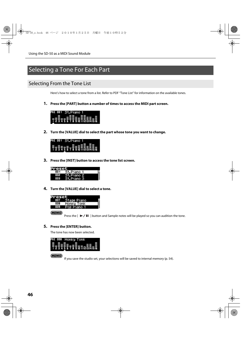 Selecting a tone for each part, Selecting from the tone list, Sound (p. 46) | Selecting a tone for each part” (p. 46) | Roland SD-50 User Manual | Page 46 / 120