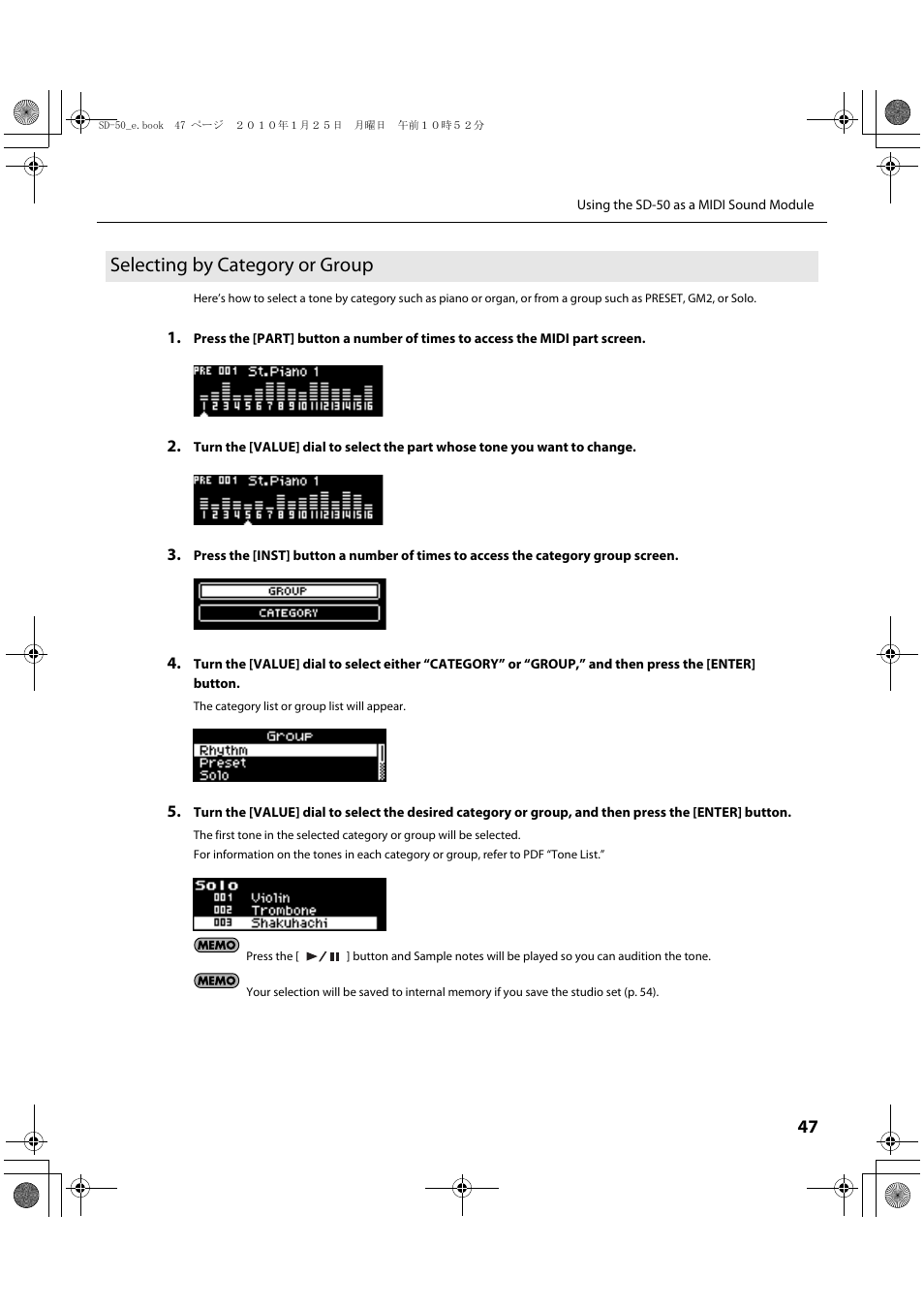 Selecting by category or group | Roland SD-50 User Manual | Page 47 / 120