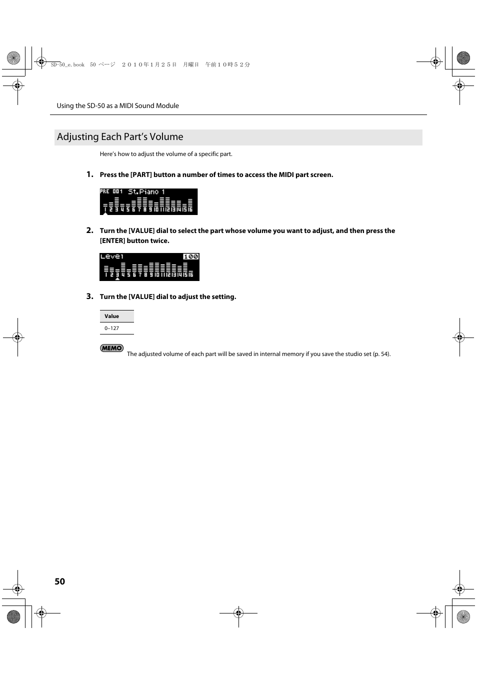 Adjusting each part’s volume | Roland SD-50 User Manual | Page 50 / 120