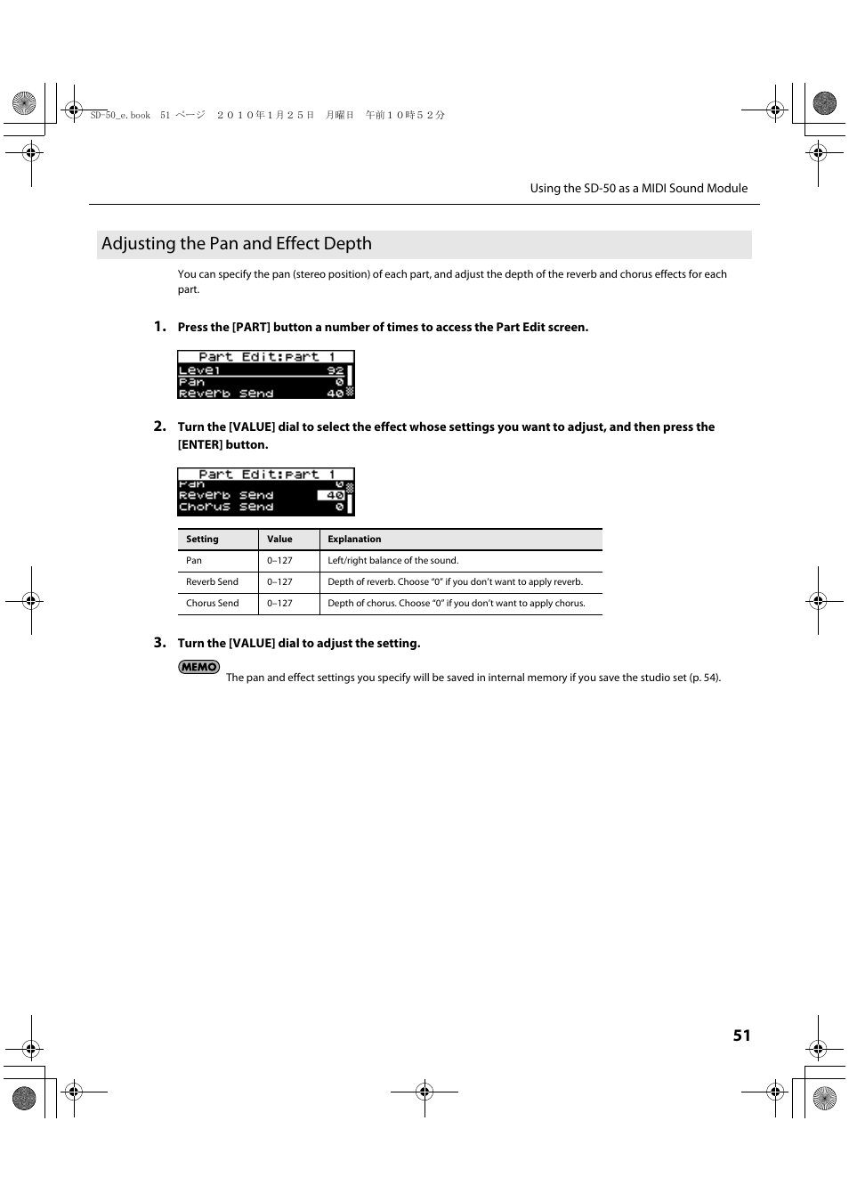 Adjusting the pan and effect depth, Adjusting the pan and effect depth” (p. 51) | Roland SD-50 User Manual | Page 51 / 120