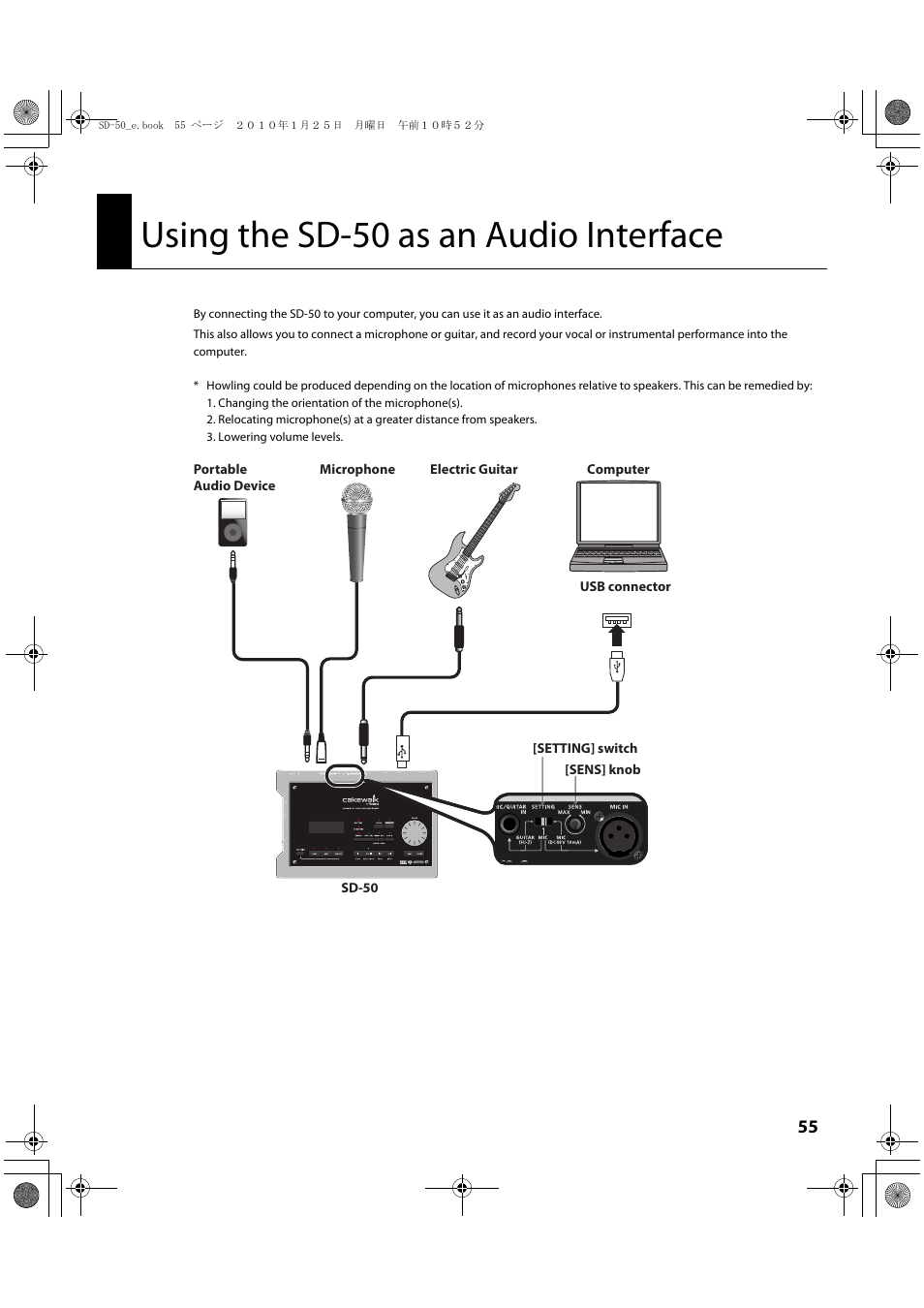 Using the sd-50 as an audio interface, Microphone here (p. 55), You can connect a microphone here (p. 55) | Roland SD-50 User Manual | Page 55 / 120