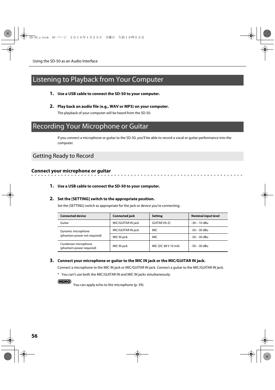 Listening to playback from your computer, Recording your microphone or guitar, Getting ready to record | Level (p. 56), In stereo (p. 56), Connect your microphone or guitar 1 | Roland SD-50 User Manual | Page 56 / 120