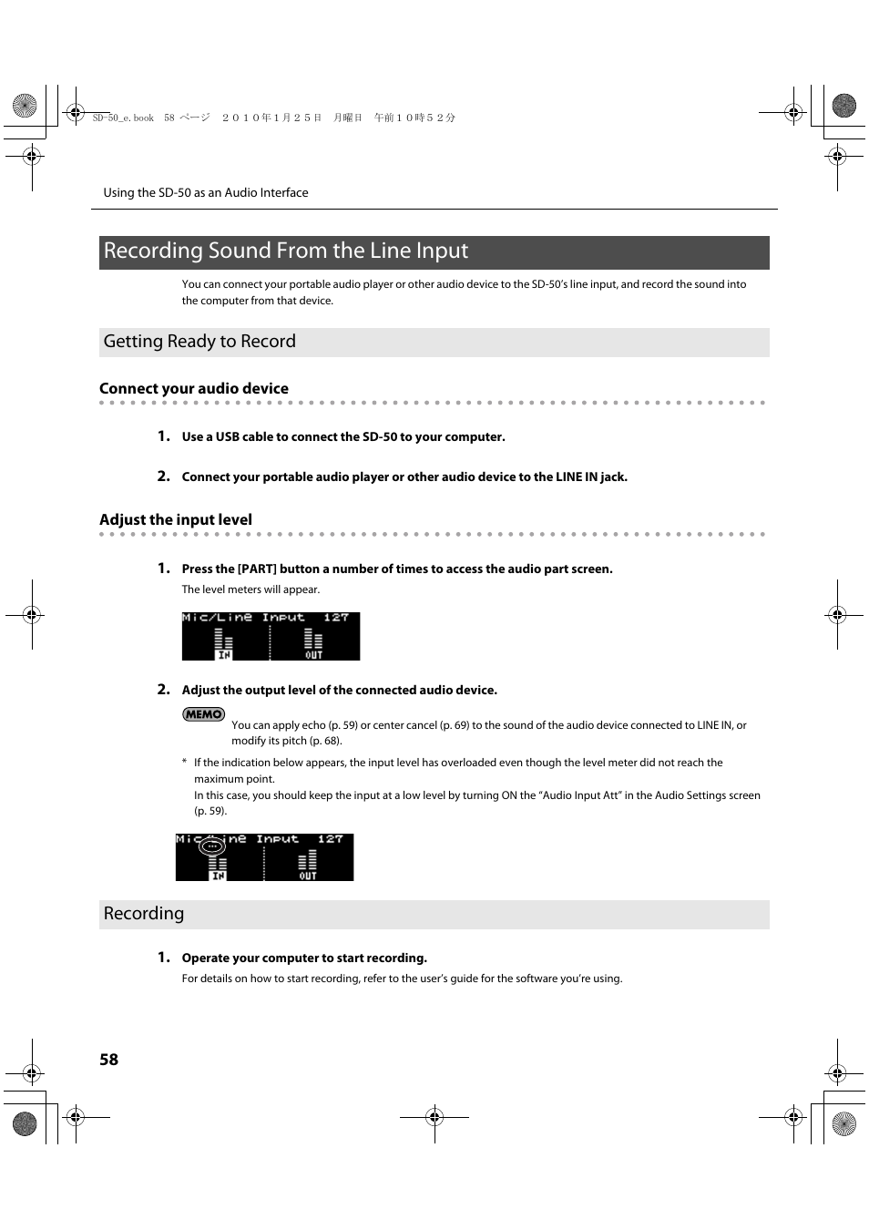 Recording sound from the line input, Getting ready to record, Recording | Here (p. 58), Getting ready to record recording | Roland SD-50 User Manual | Page 58 / 120