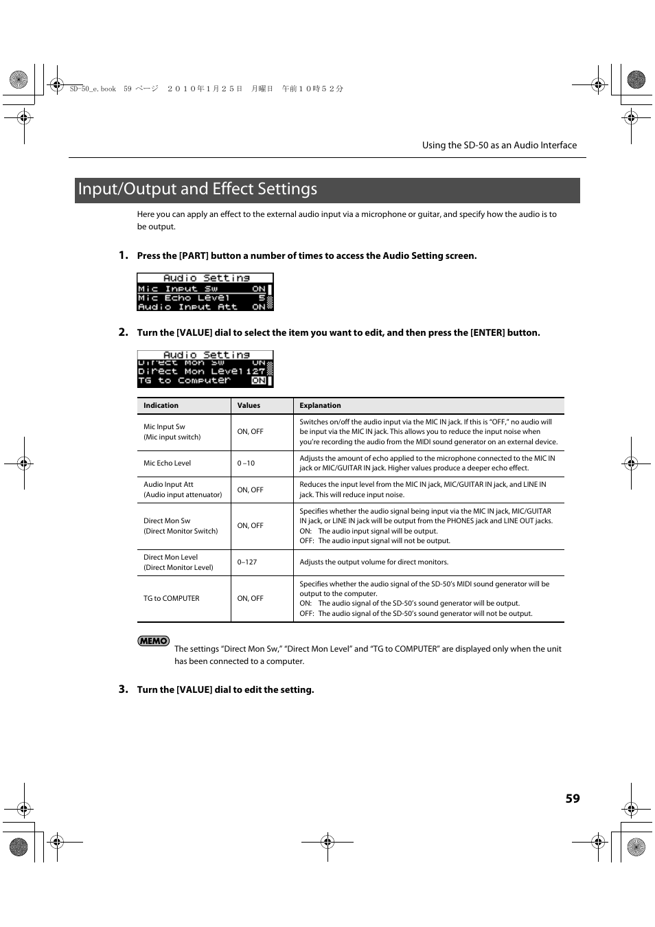 Input/output and effect settings, To the off setting (p. 59), You can apply echo (p. 59) or center | P. 59) | Roland SD-50 User Manual | Page 59 / 120