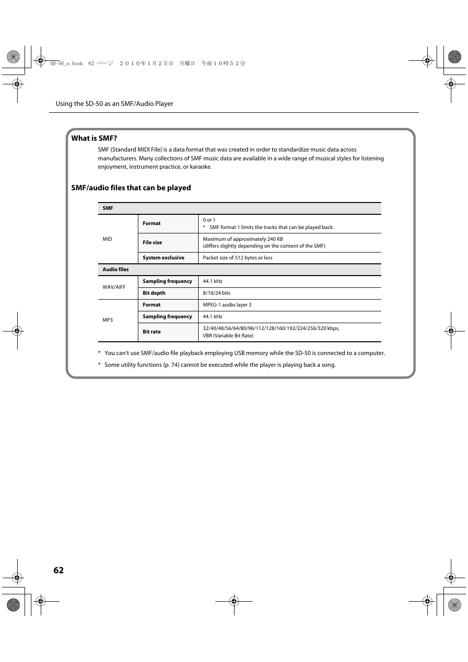 What is smf, Smf/audio files that can be played | Roland SD-50 User Manual | Page 62 / 120