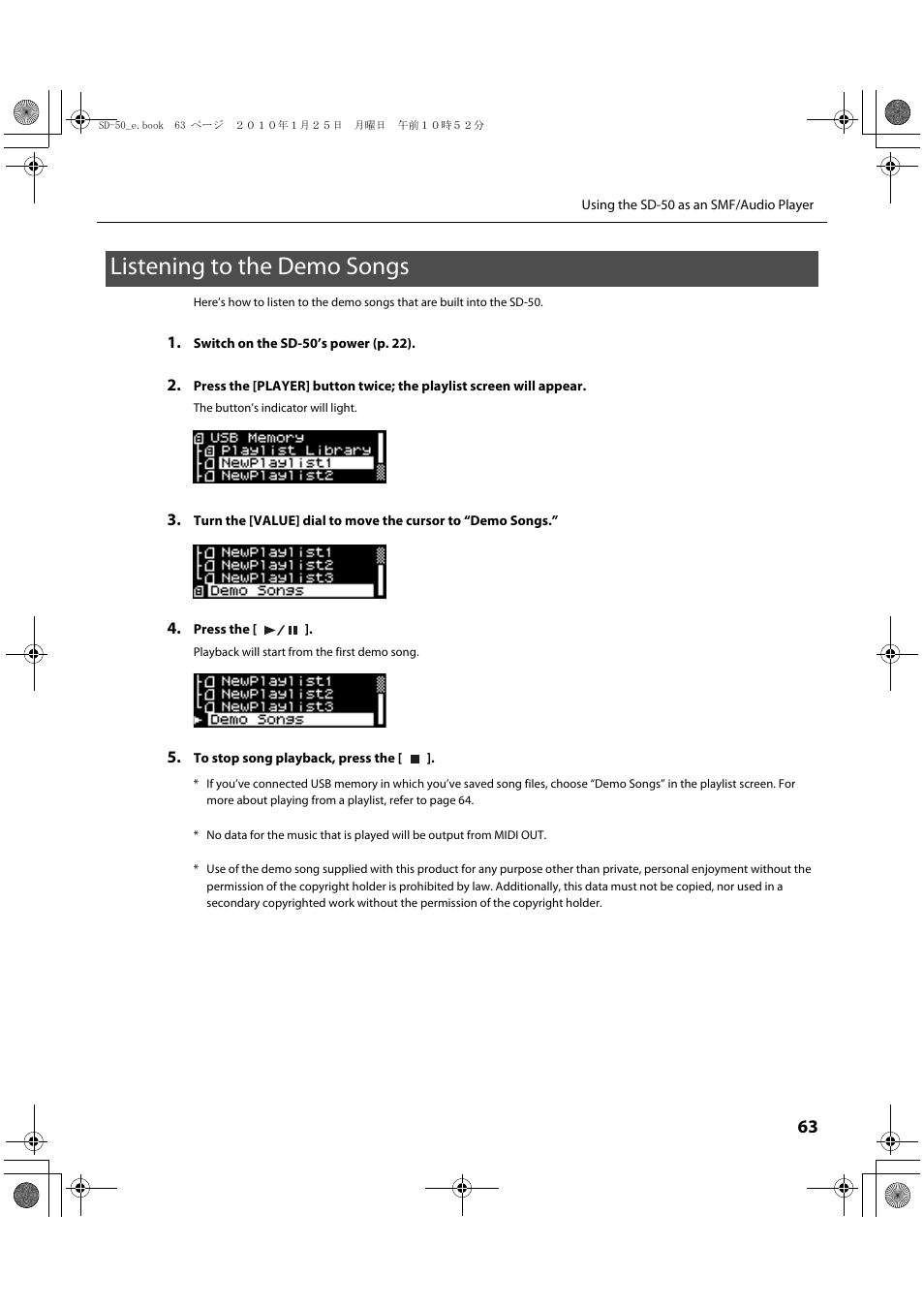 Listening to the demo songs, P. 63) | Roland SD-50 User Manual | Page 63 / 120