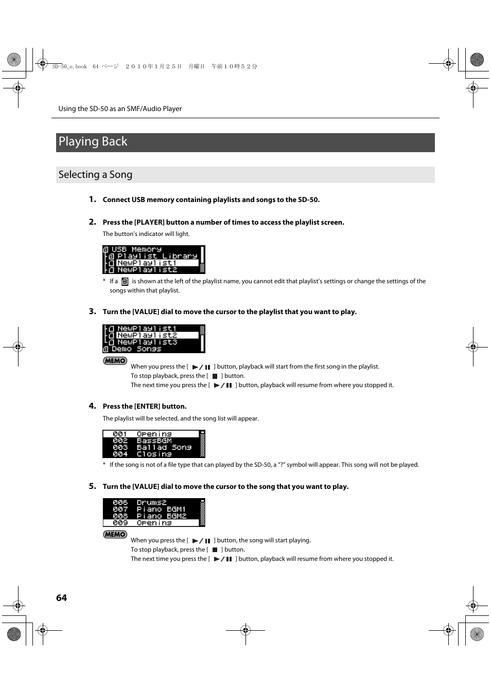 Playing back, Selecting a song | Roland SD-50 User Manual | Page 64 / 120