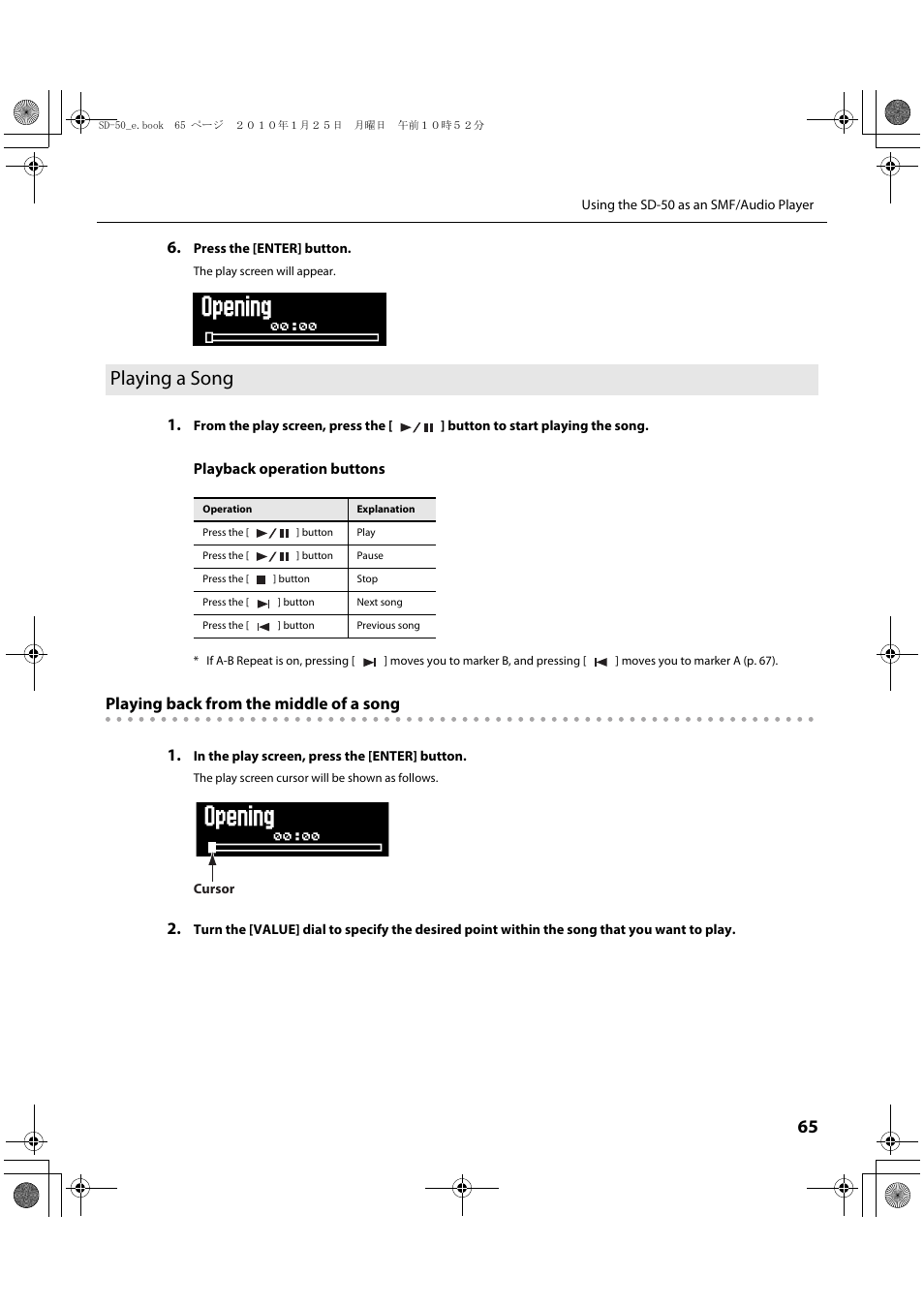 Playing a song, Playing back from the middle of a song 1 | Roland SD-50 User Manual | Page 65 / 120