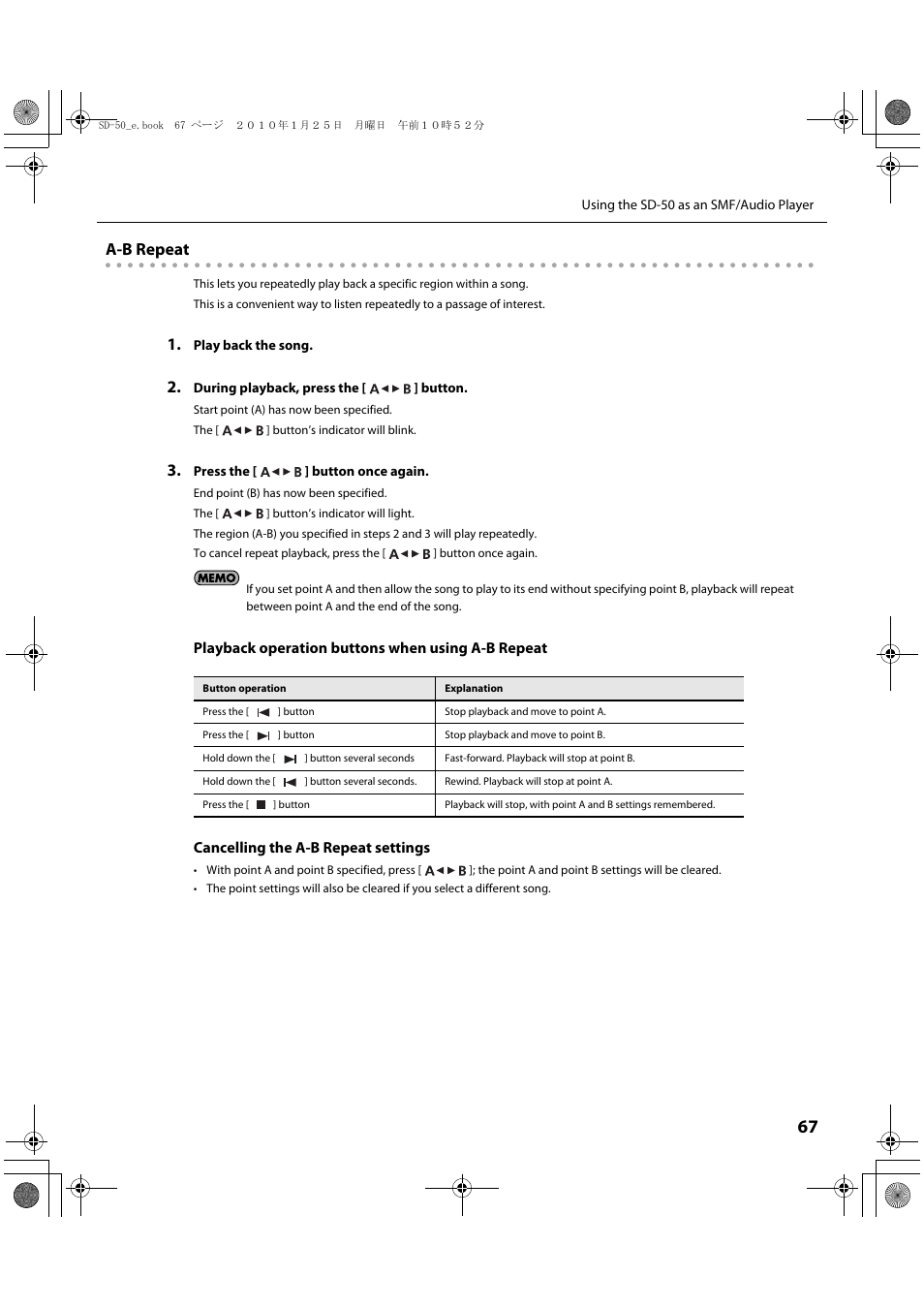 Of the song (p. 67), A-b repeat | Roland SD-50 User Manual | Page 67 / 120