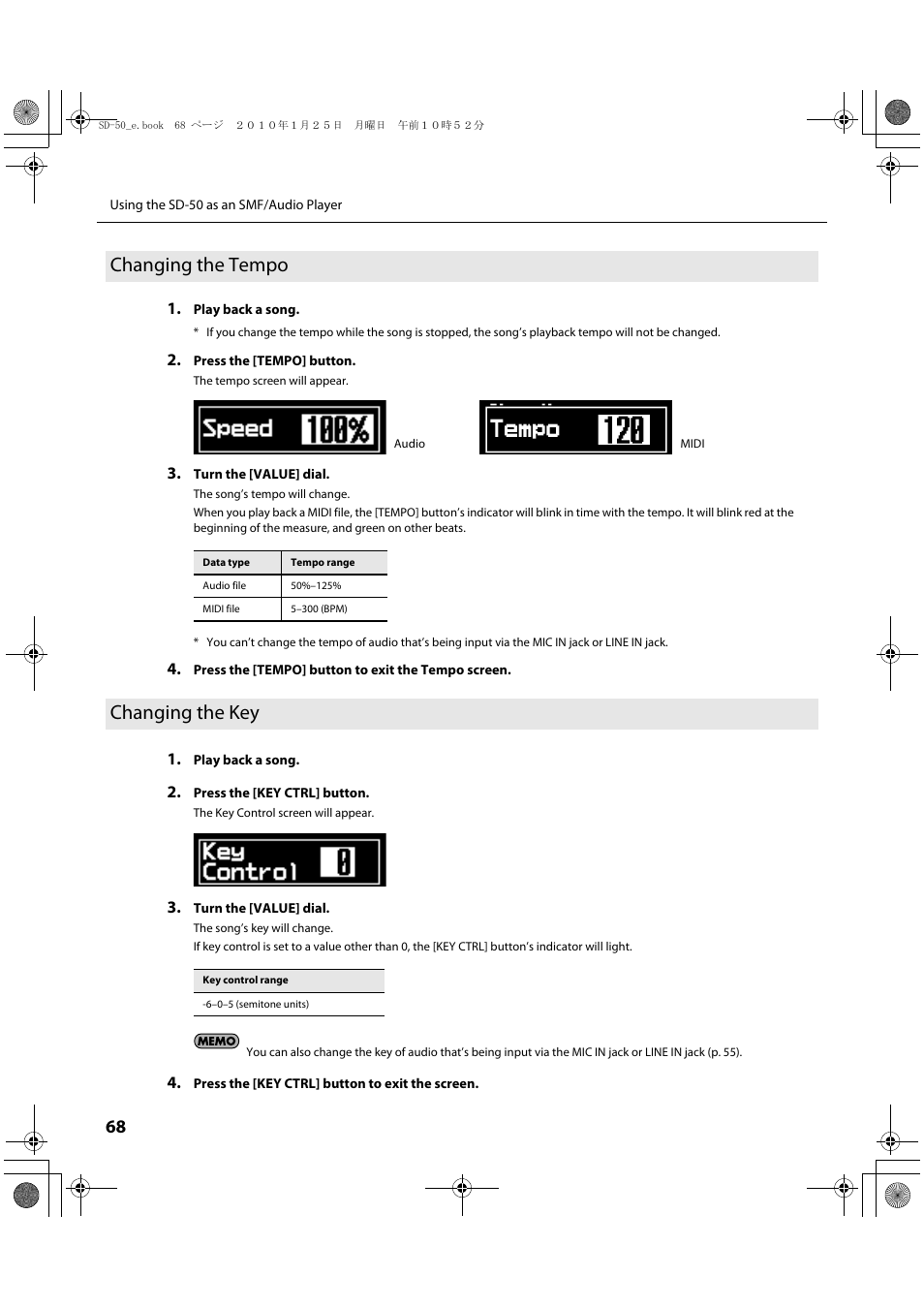 Changing the tempo, Changing the key, Mpo of the song (p. 68) | Y of the song (p. 68), Modify its pitch (p. 68) | Roland SD-50 User Manual | Page 68 / 120