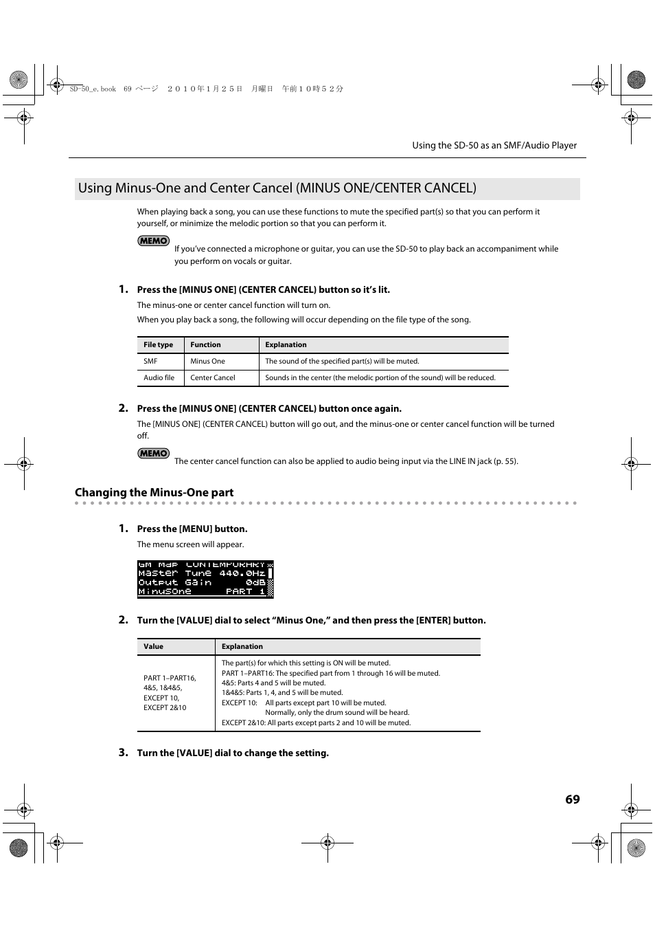 That part or melody yourself (p. 69), Cancel (p. 69) to the sound of the au, Changing the minus-one part 1 | Roland SD-50 User Manual | Page 69 / 120