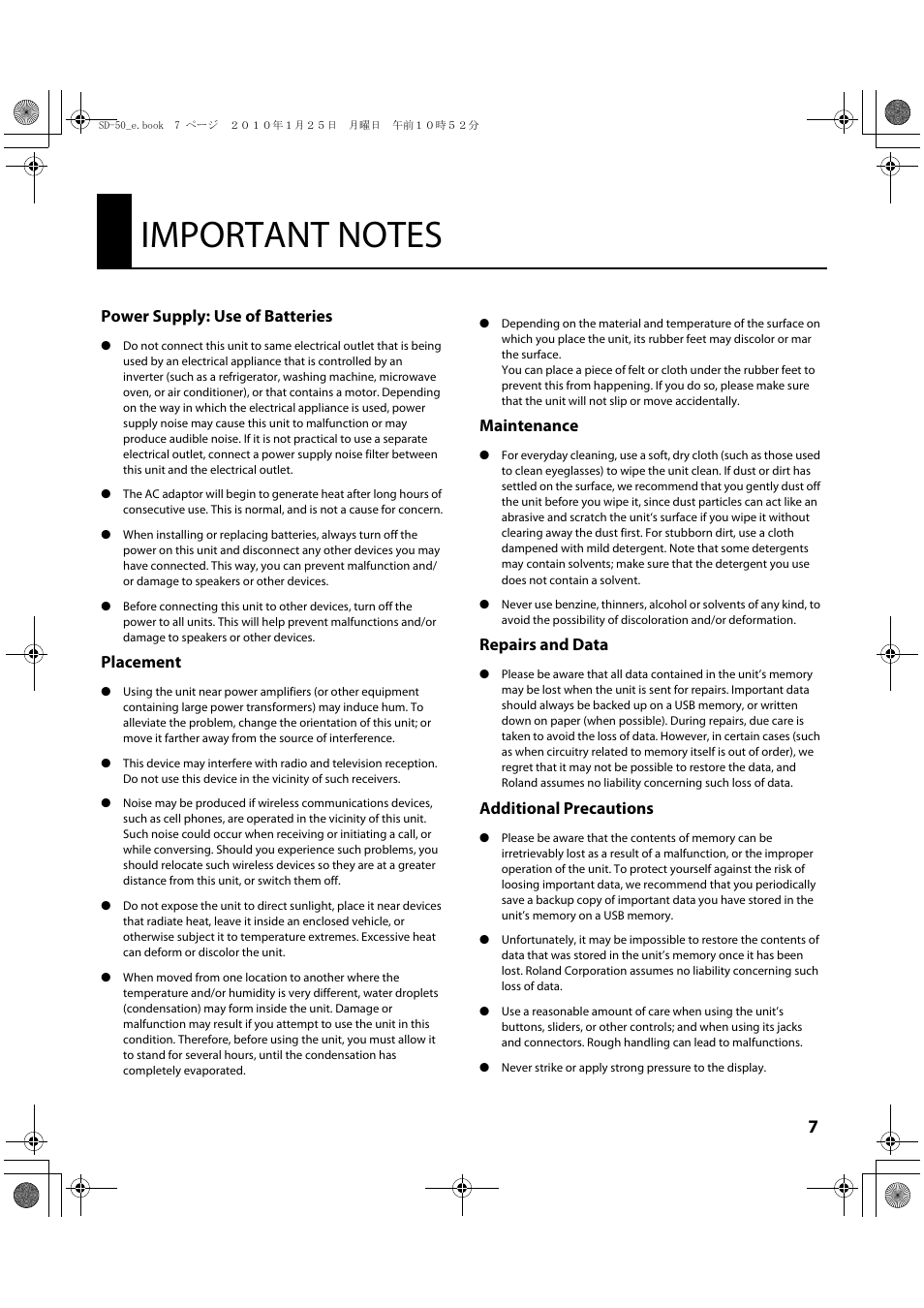 Important notes, Power supply: use of batteries, Placement | Maintenance, Repairs and data, Additional precautions | Roland SD-50 User Manual | Page 7 / 120