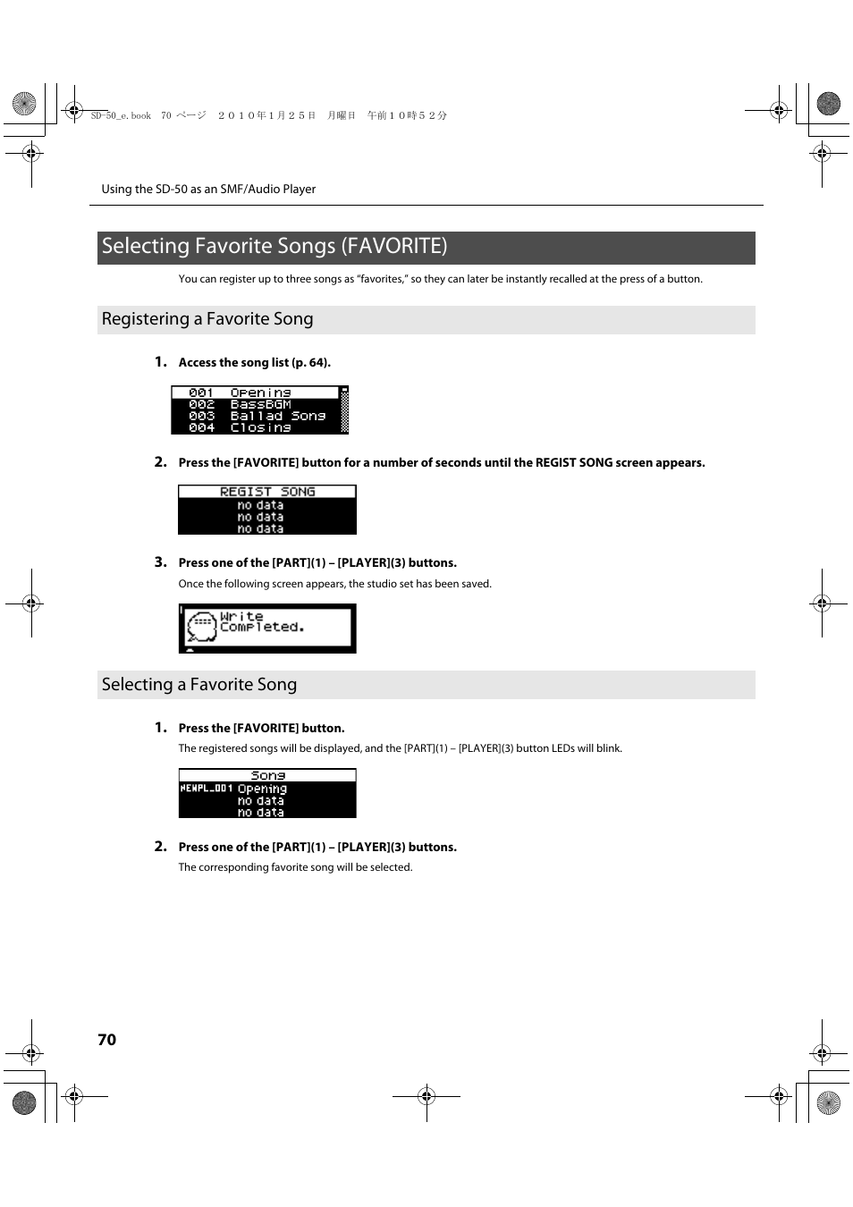 Selecting favorite songs (favorite), Registering a favorite song, Selecting a favorite song | P. 70) or studio set (p. 54) | Roland SD-50 User Manual | Page 70 / 120