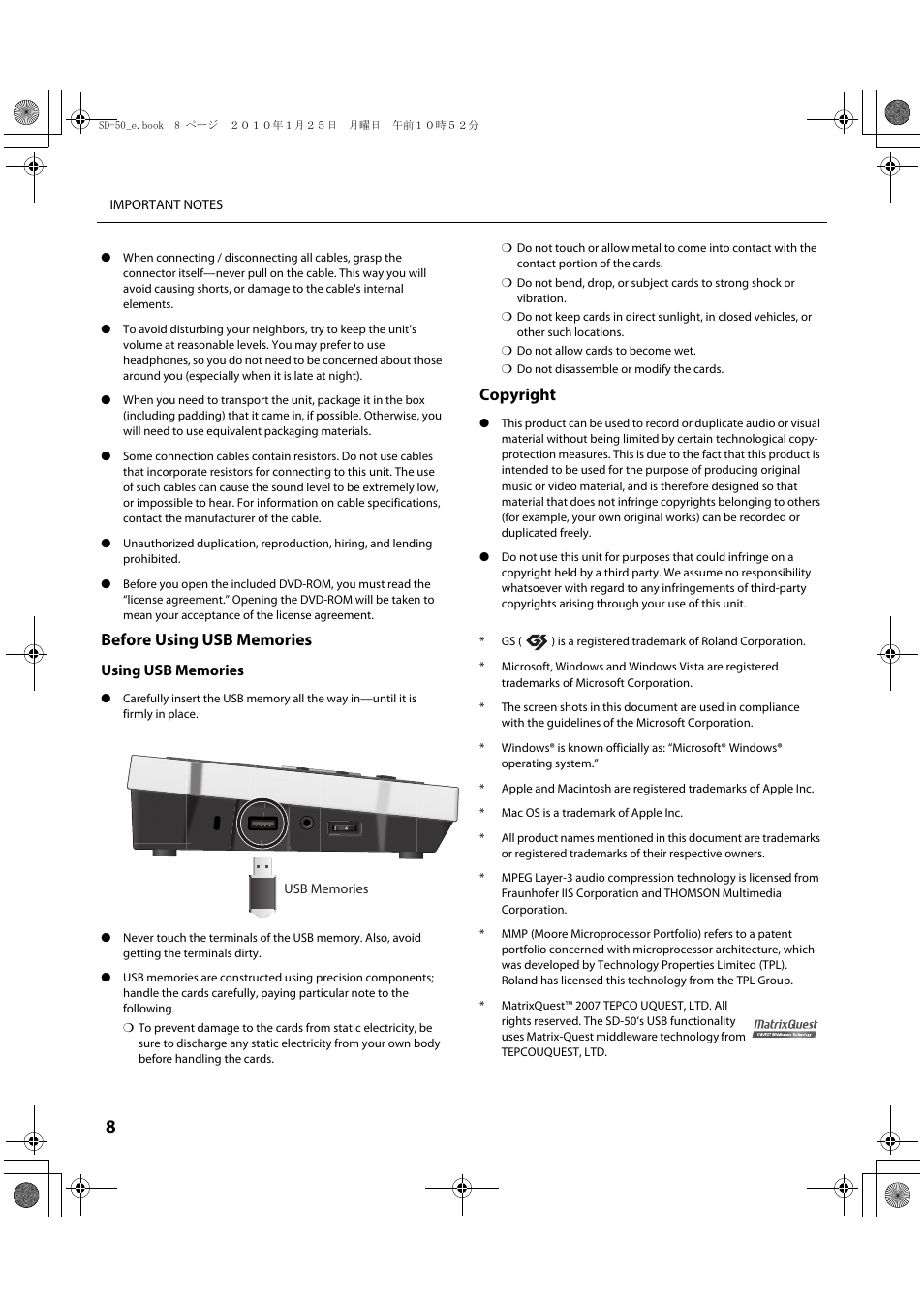 Copyright | Roland SD-50 User Manual | Page 8 / 120