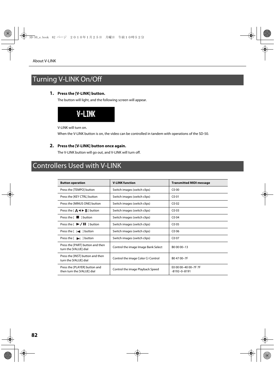 Turning v-link on/off controllers used with v-link | Roland SD-50 User Manual | Page 82 / 120