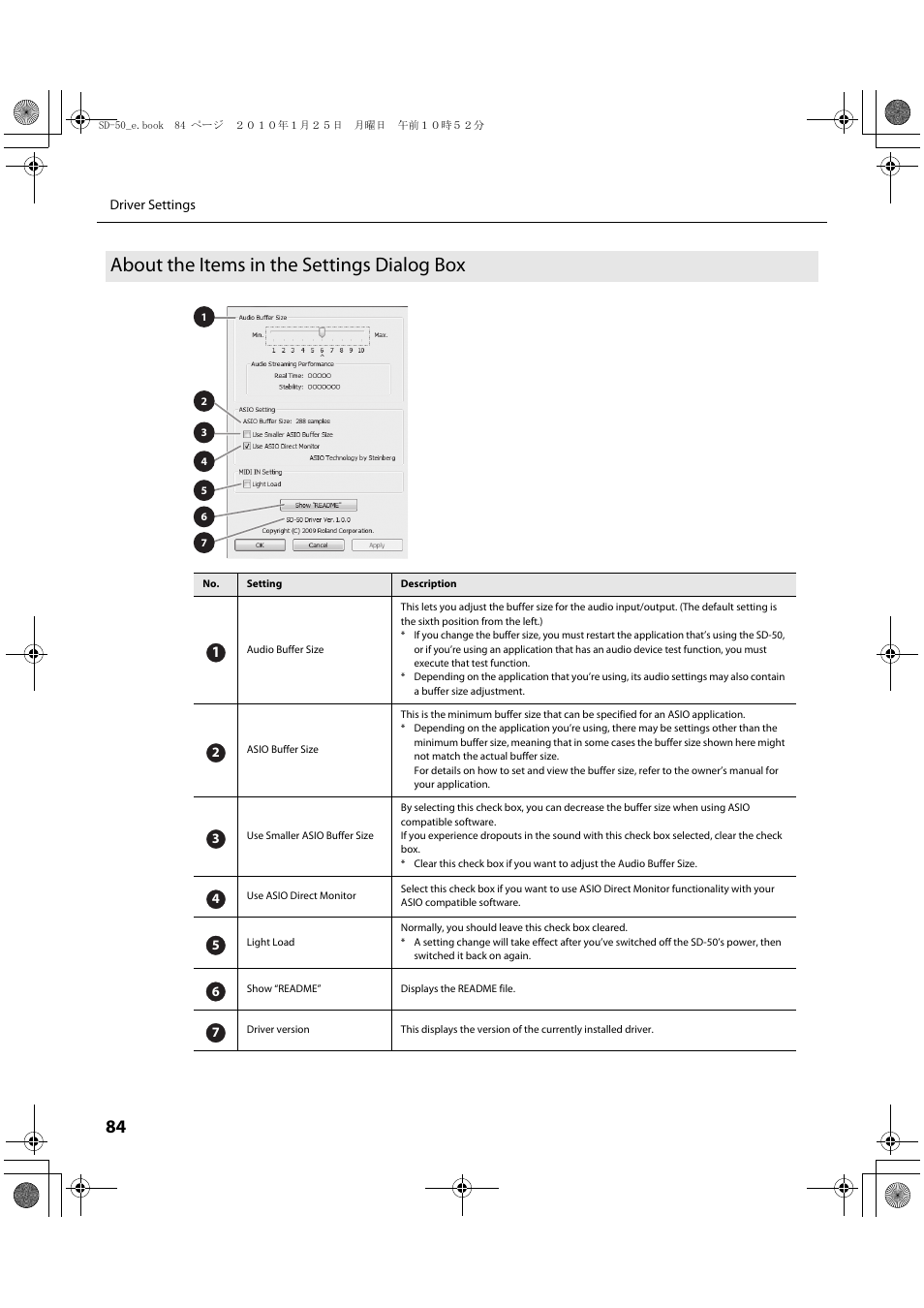 About the items in the settings dialog box | Roland SD-50 User Manual | Page 84 / 120