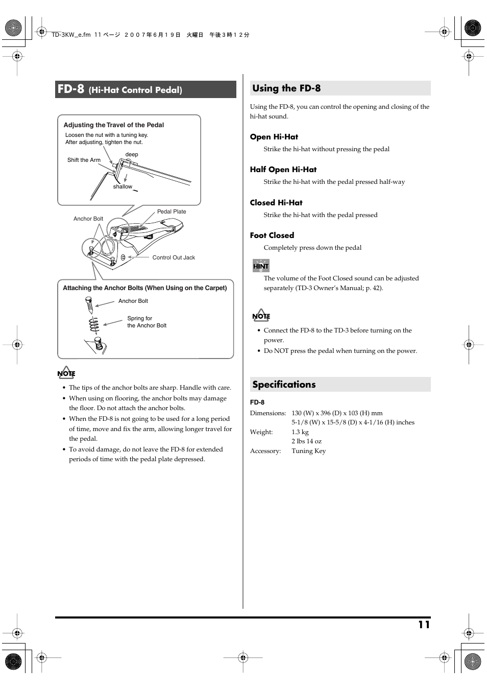 Fd-8 (hi-hat control pedal), Using the fd-8, Specifications | Fd-8, Using the fd-8 specifications | Roland TD-3KW User Manual | Page 11 / 16