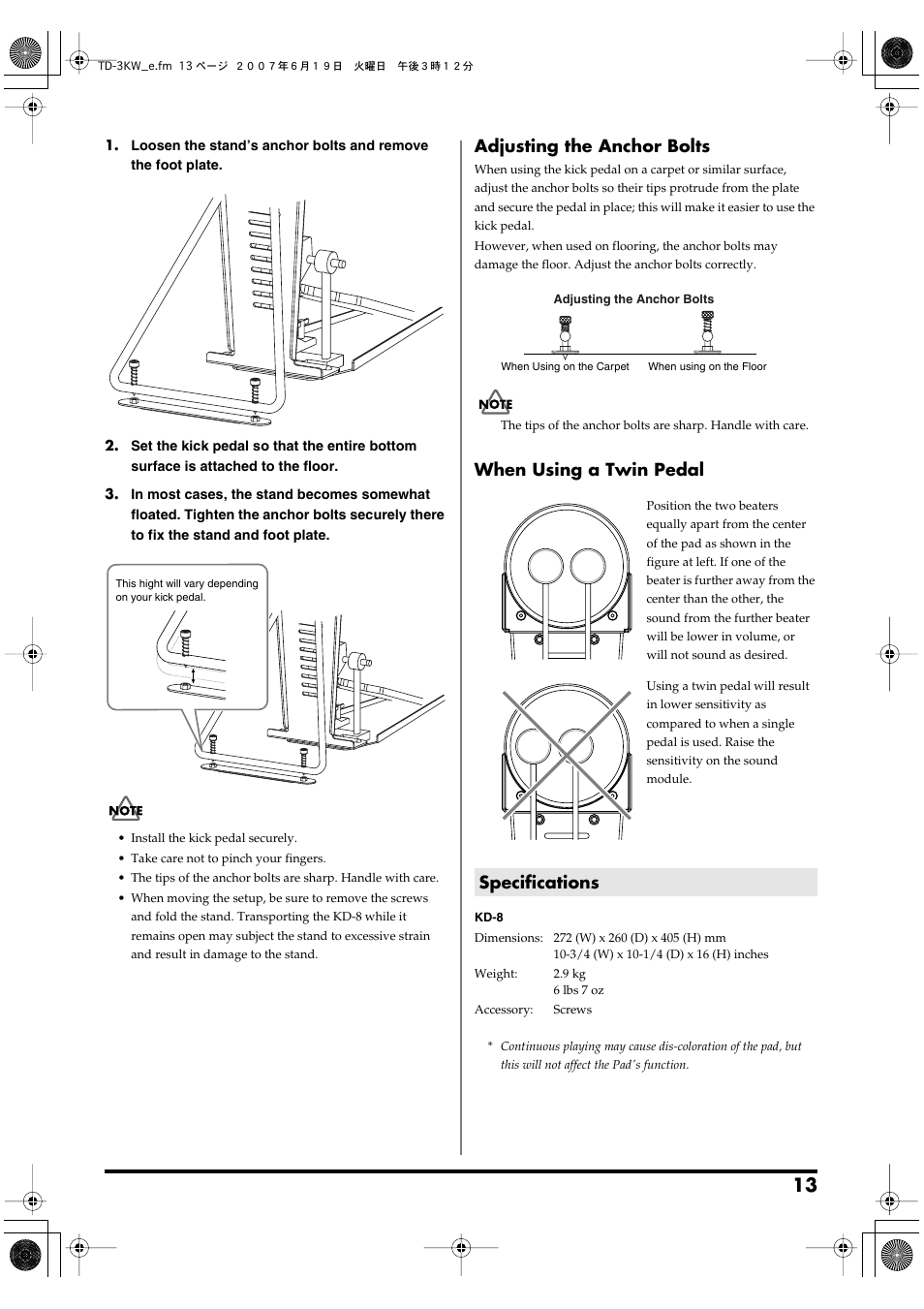Specifications, Adjusting the anchor bolts, When using a twin pedal | Roland TD-3KW User Manual | Page 13 / 16