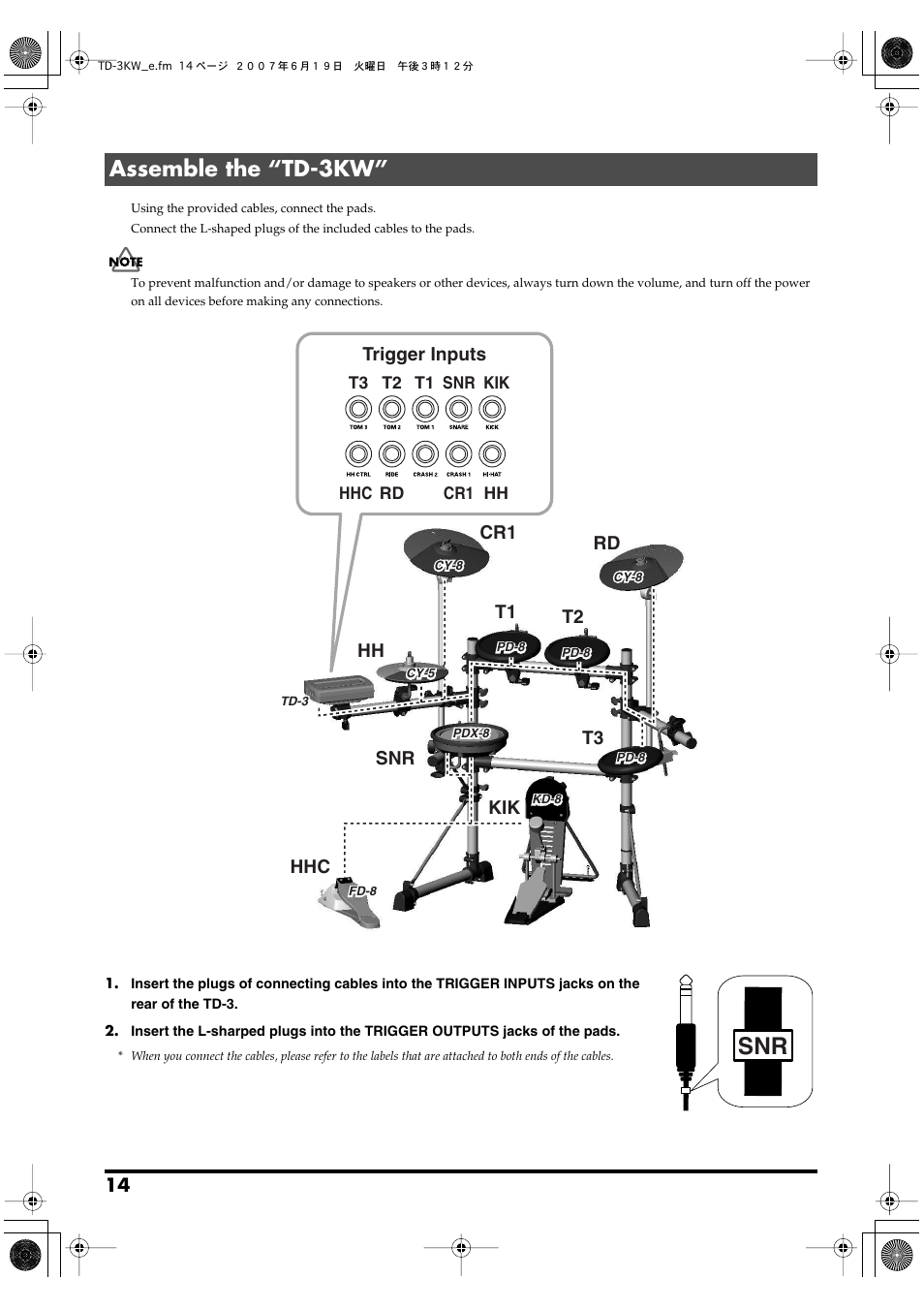 Assemble the “td-3kw, Kik snr t1 t2 t3 hh hhc cr1 rd, Trigger inputs | Roland TD-3KW User Manual | Page 14 / 16