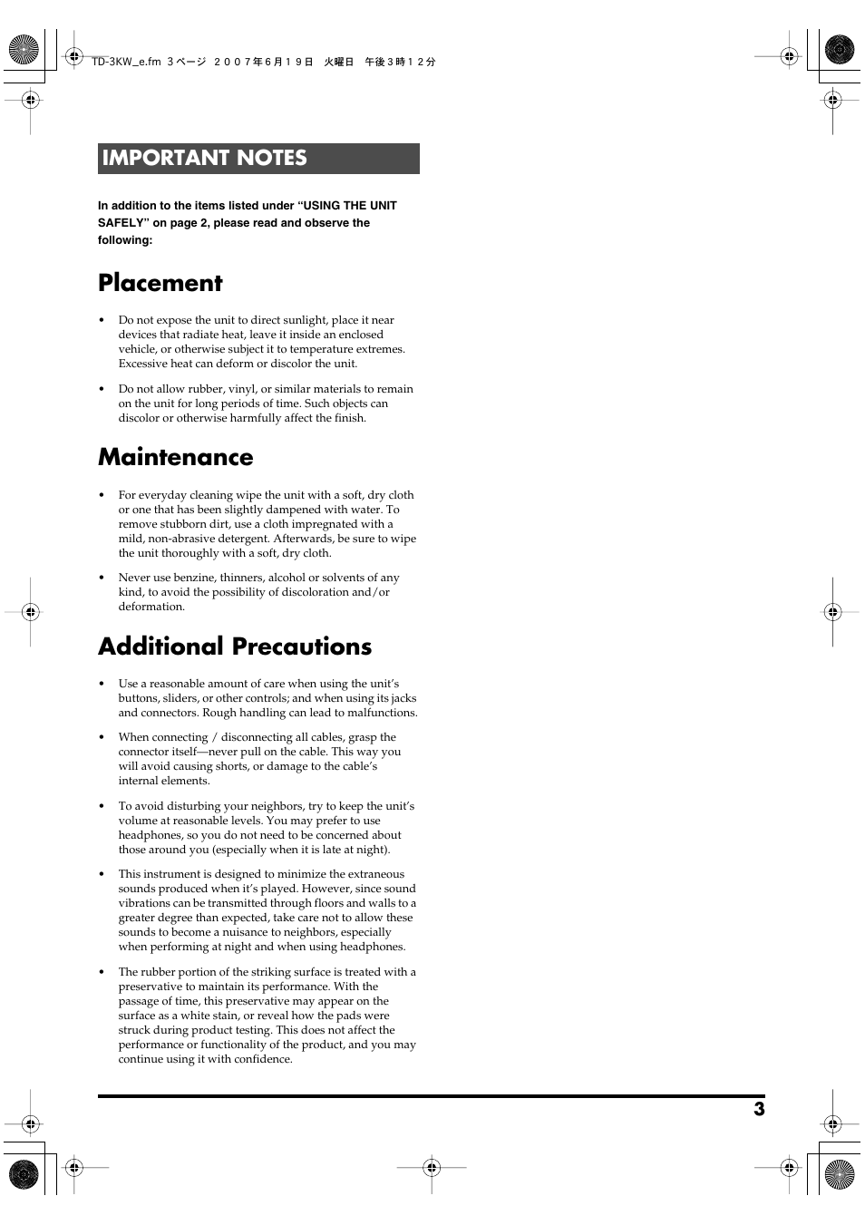 Important notes, Placement, Maintenance | Additional precautions | Roland TD-3KW User Manual | Page 3 / 16