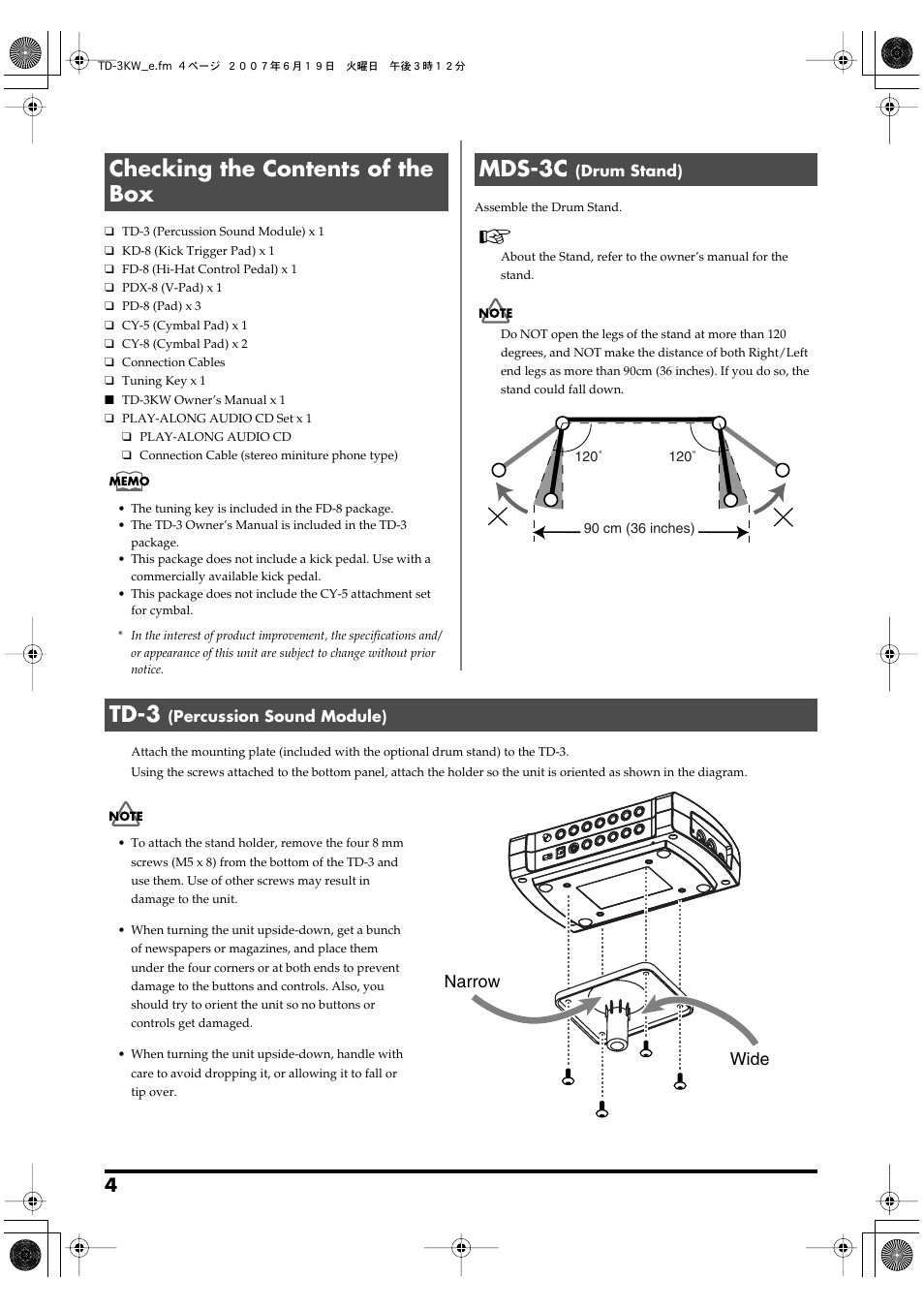 Checking the contents of the box, Mds-3c (drum stand), Td-3 (percussion sound module) | Checking the contents of the box mds-3c, Td-3, Narrow wide | Roland TD-3KW User Manual | Page 4 / 16