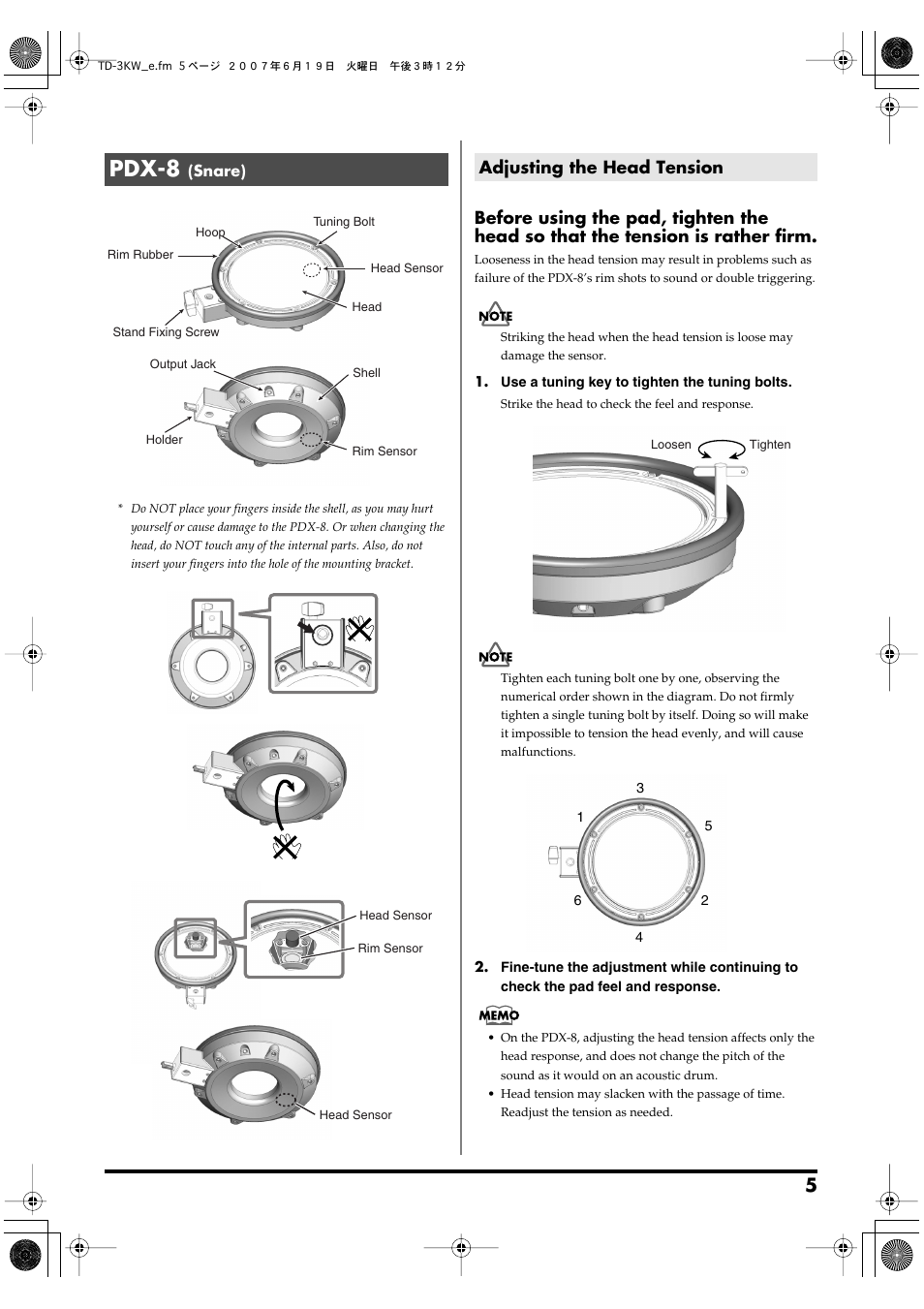 Pdx-8 (snare), Adjusting the head tension, Pdx-8 | Roland TD-3KW User Manual | Page 5 / 16