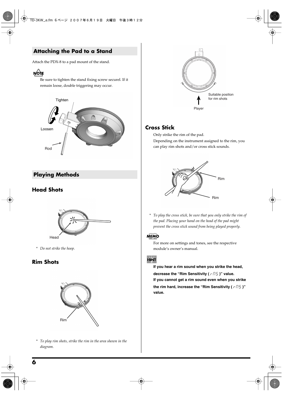 Attaching the pad to a stand, Playing methods, Head shots | Rim shots, Cross stick, Attaching the pad to a stand playing methods | Roland TD-3KW User Manual | Page 6 / 16