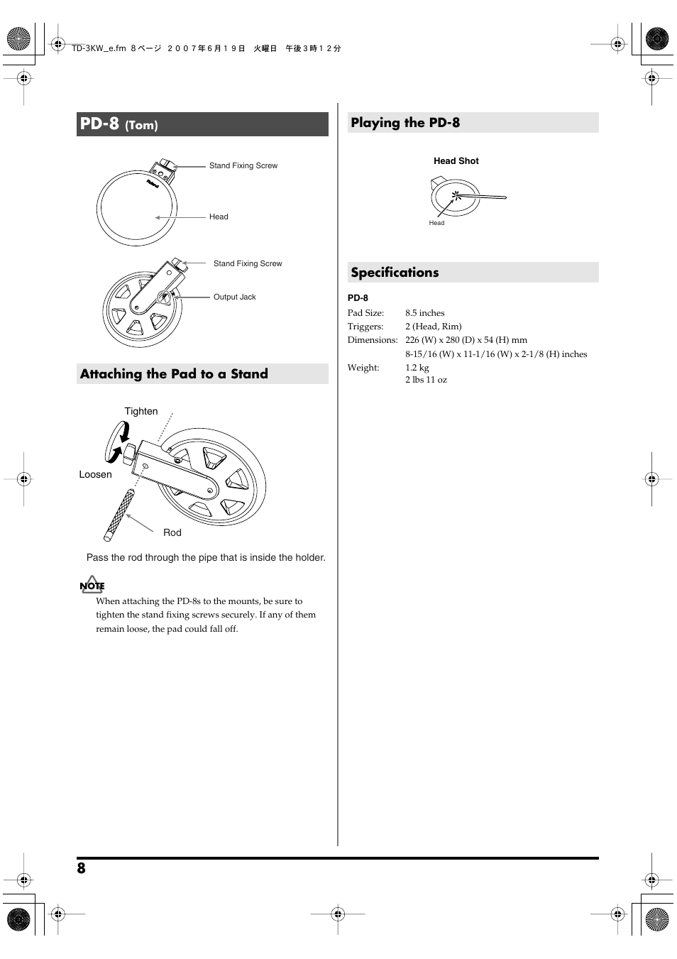 Pd-8 (tom), Attaching the pad to a stand, Playing the pd-8 | Specifications, Pd-8, Playing the pd-8 specifications | Roland TD-3KW User Manual | Page 8 / 16