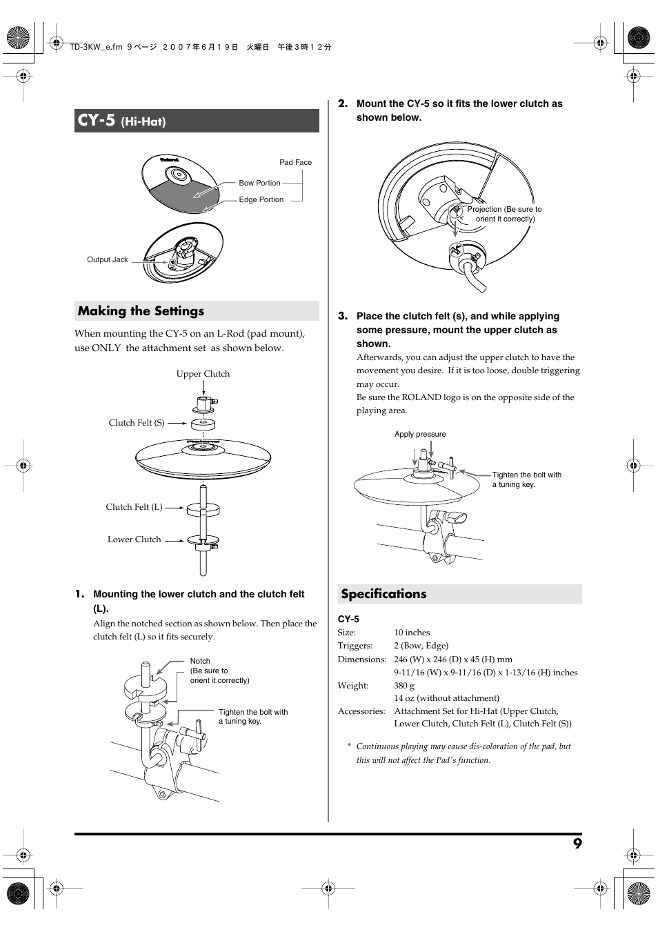 Cy-5 (hi-hat), Making the settings, Specifications | Cy-5 | Roland TD-3KW User Manual | Page 9 / 16