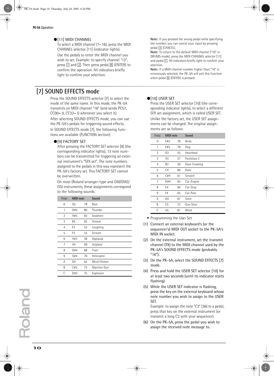 7] sound effects mode | Roland PK-5A User Manual | Page 10 / 14