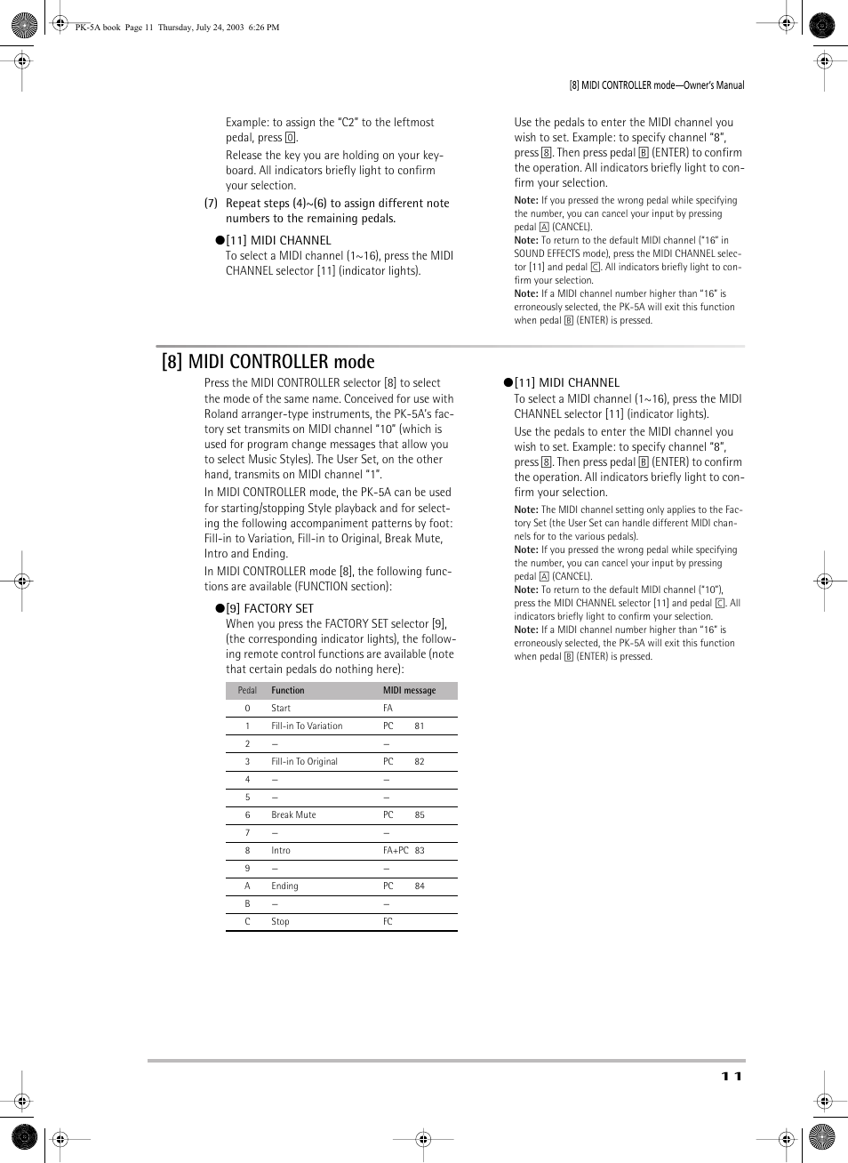 8] midi controller mode | Roland PK-5A User Manual | Page 11 / 14