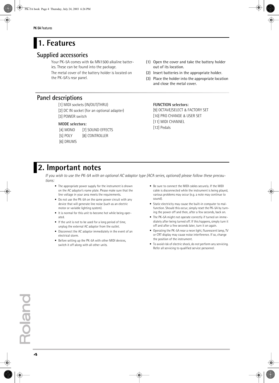 Features, Supplied accessories, Panel descriptions | Roland PK-5A User Manual | Page 4 / 14