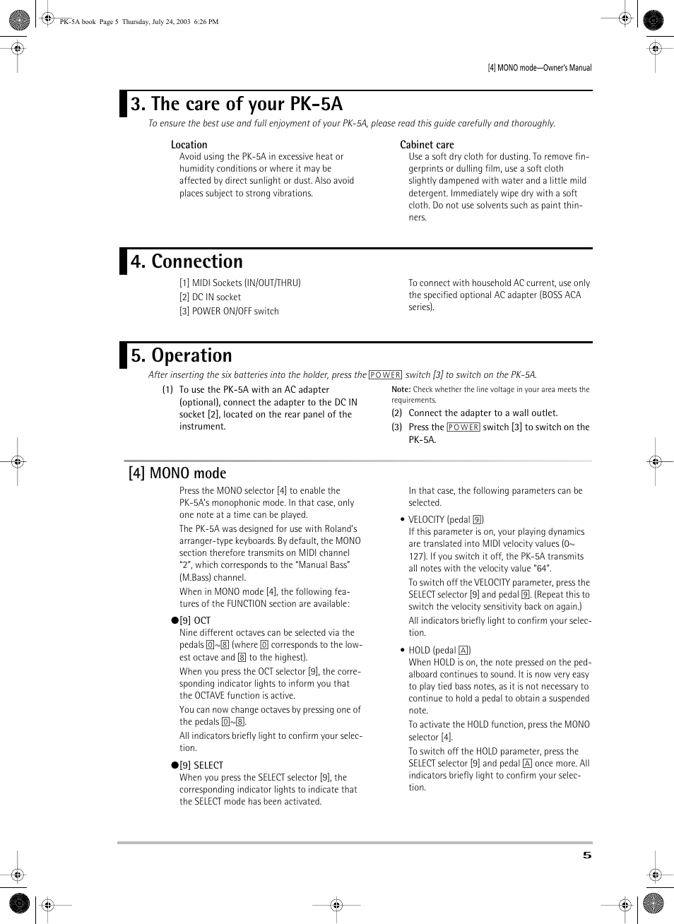 The care of your pk-5a 4. connection 5. operation, 4] mono mode | Roland PK-5A User Manual | Page 5 / 14