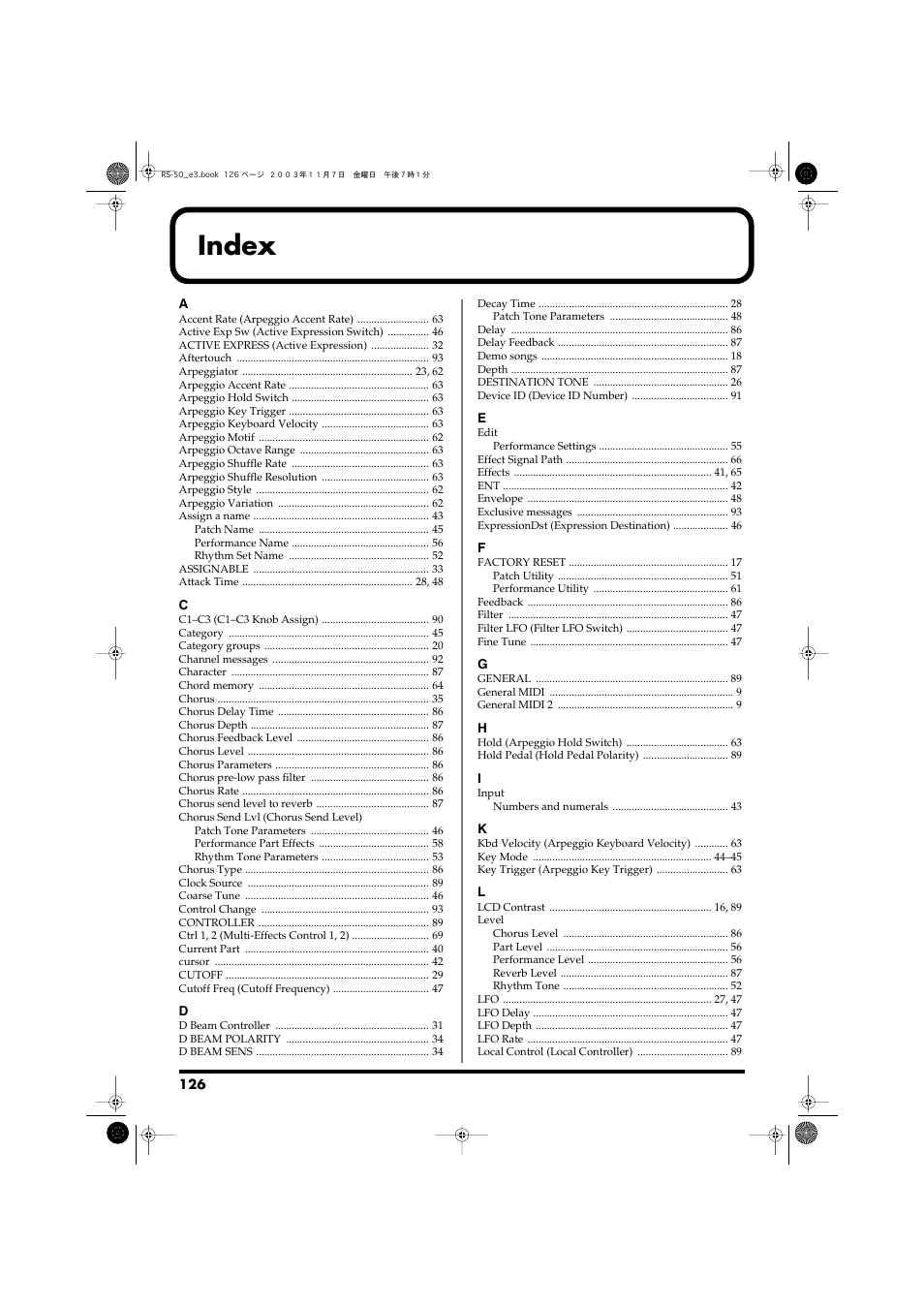Index | Roland RS-50 User Manual | Page 126 / 132