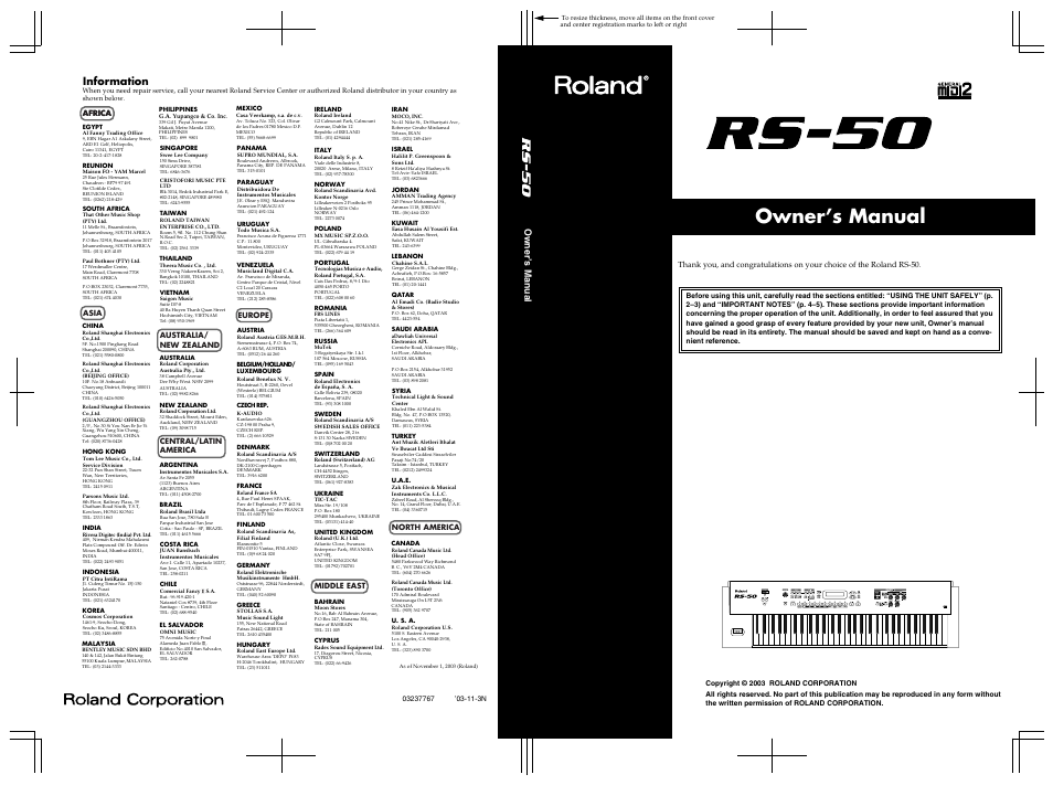 Information, Owner’s manual | Roland RS-50 User Manual | Page 132 / 132