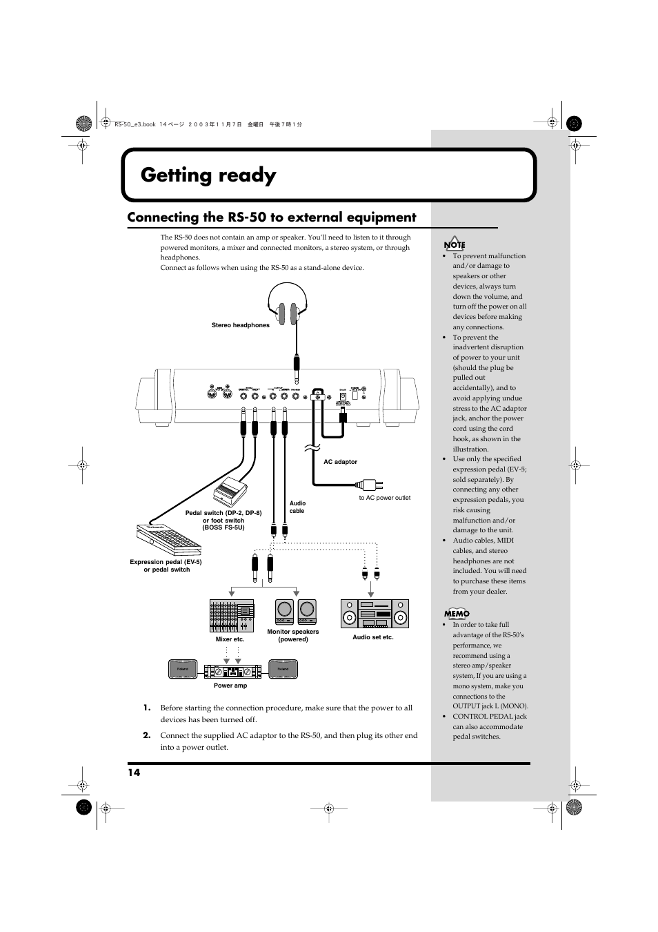 Getting ready, Be connected to this jack (p. 14), Hold pedal (p. 14) | Connect the ac adaptor here (p. 14), Connecting the rs-50 to external equipment | Roland RS-50 User Manual | Page 14 / 132