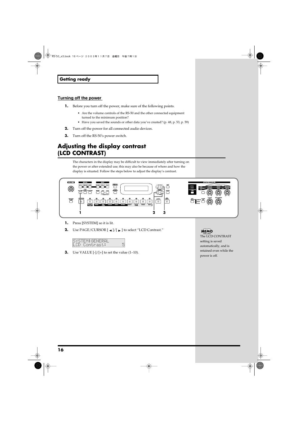 Adjusting the display contrast (lcd contrast) | Roland RS-50 User Manual | Page 16 / 132