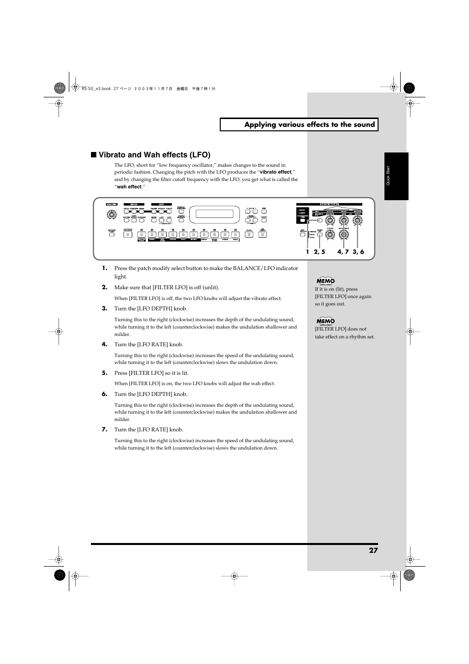 On), or the pitch (off) (p. 27), Vibrato and wah effects (lfo) | Roland RS-50 User Manual | Page 27 / 132